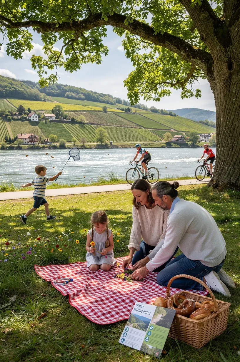 Wanderer mit Rollstuhl auf einem befestigten, ebenen Weg durch eine blühende Frühlingslandschaft in Deutschland.
